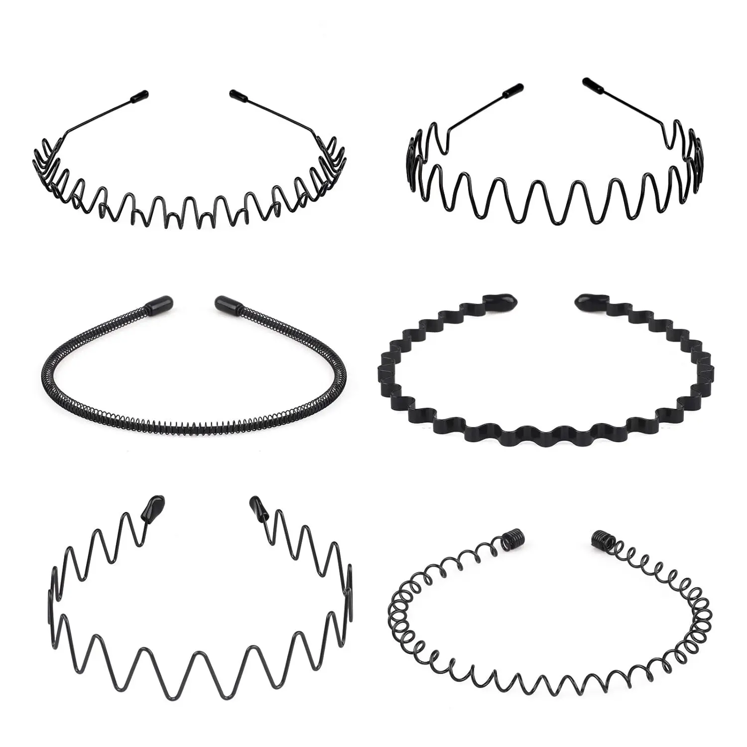 6-Count Metal Hair Band Set, Adjustable Flexible Spring Wave Hoop, Non-Slip Unisex Black Headband for Sports Slicked-Back Hairstyles