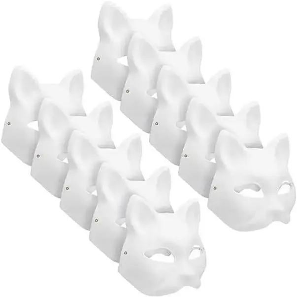 10PCS Cat Masks Therian Mask White Blank Animal Mask Base Halloween Costume Masquerade for Holiday Party