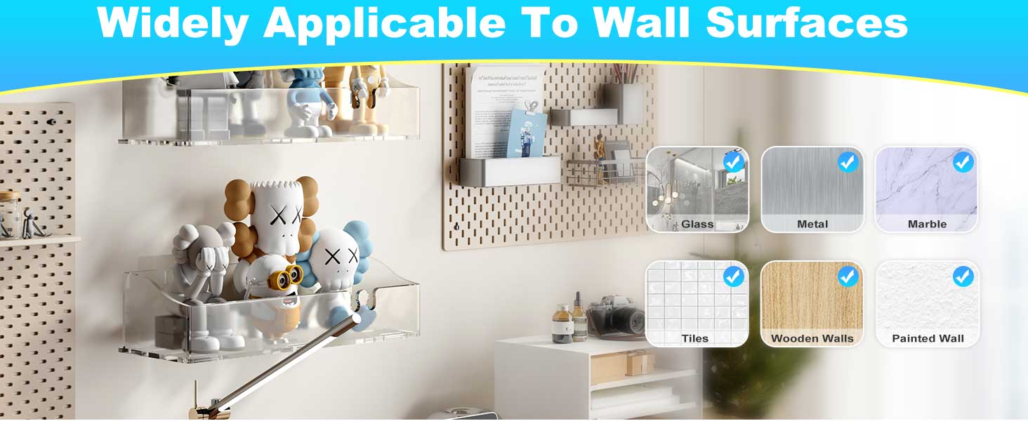 Acrylic Shower Shelves 3 Pack, Clear Adhesive Shower Organizer - No-Drill Wall Mount Storage Rack, Versatile Caddy for Bathroom & Kitchen (Transparent)