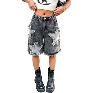 Girl's Y2k Ripped Jean Shorts Grunge Punk Star Distressed Bermuda Denim Shorts