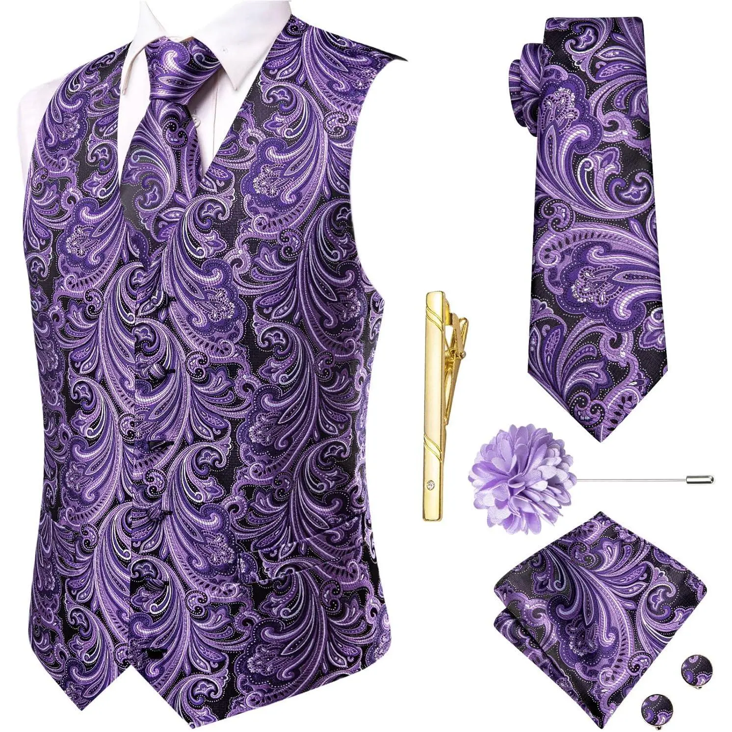5PCS Mens Silk Suit Vests and Tie Lapel Pin Set Paisley Floral Waistcoat Necktie God Tie Clip Set Wedding Party