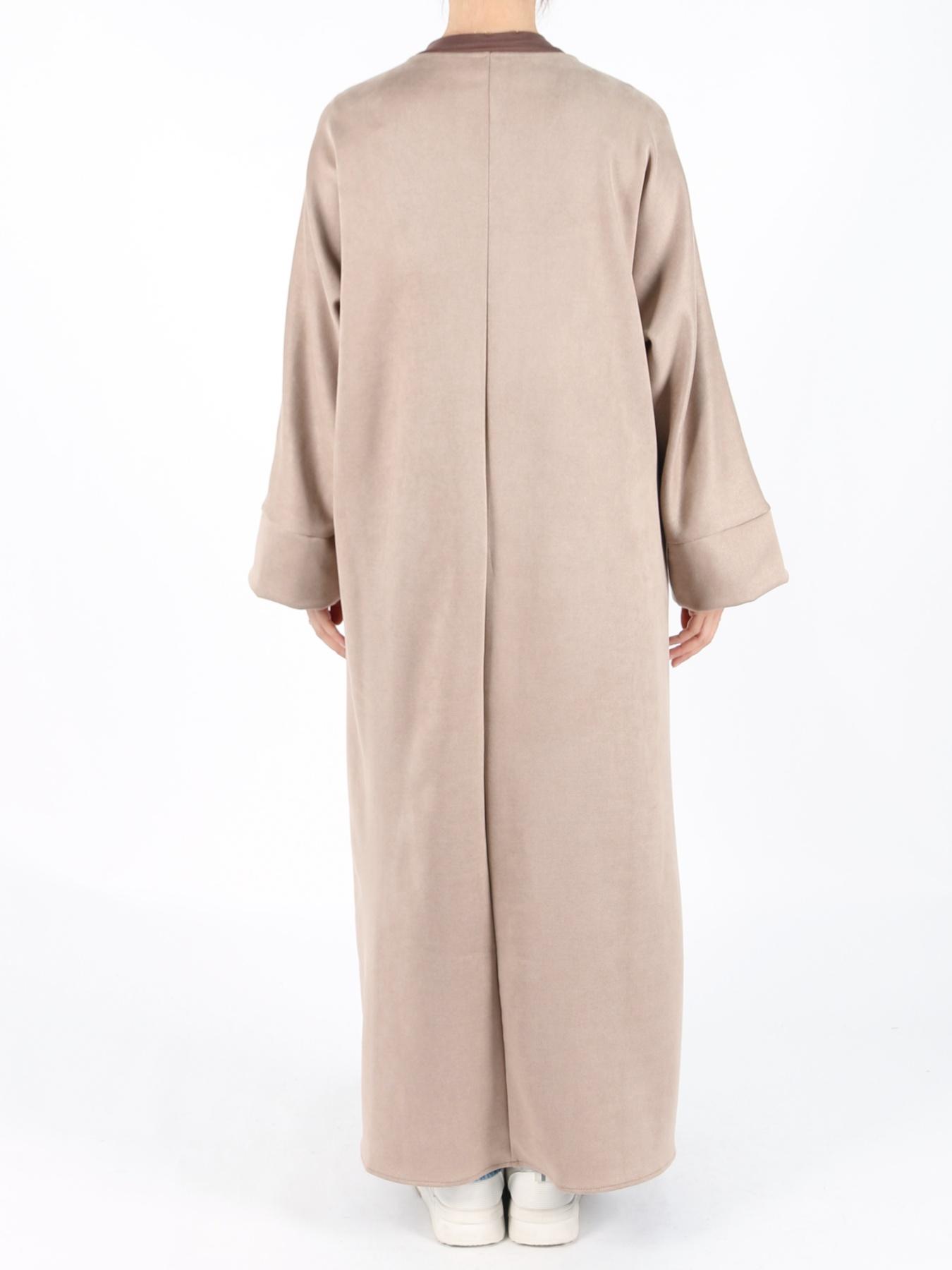 Women's Solid Long Sleeve Open Front Suede Coat, Elegant Long Sleeve Pocket Design Long Coat for Fall & Winter, Women's Islamic Clothing for Daily Wear, Modest Muslim Outfits