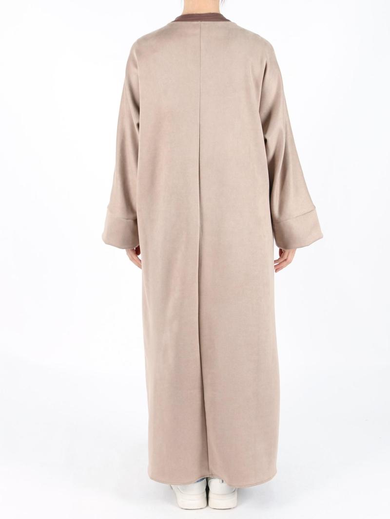 Women's Solid Long Sleeve Open Front Suede Coat, Elegant Long Sleeve Pocket Design Long Coat for Fall & Winter, Women's Islamic Clothing for Daily Wear, Modest Muslim Outfits