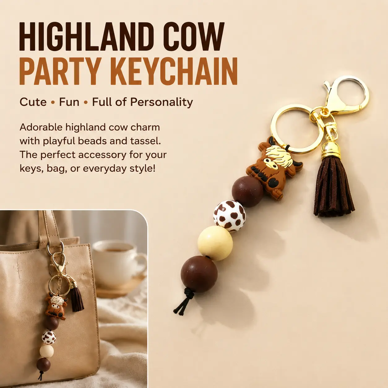 Highland Cow Silicone Beaded Trendy Cute Tassel Decorated Keychain with Tassel, Cute Cartoon Punk Style, Animal Theme, Lobster Clasp, Ideal Gift for Friends, Keychain for Bags, Animals Keychain Decor-YY0