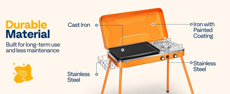 2-in-1 Gas Camping Stove with Detachable Legs, Portable Propane Grill, 20000 BTU Tabletop Grill Cooker for Party, Camping, Picnics, Backyards