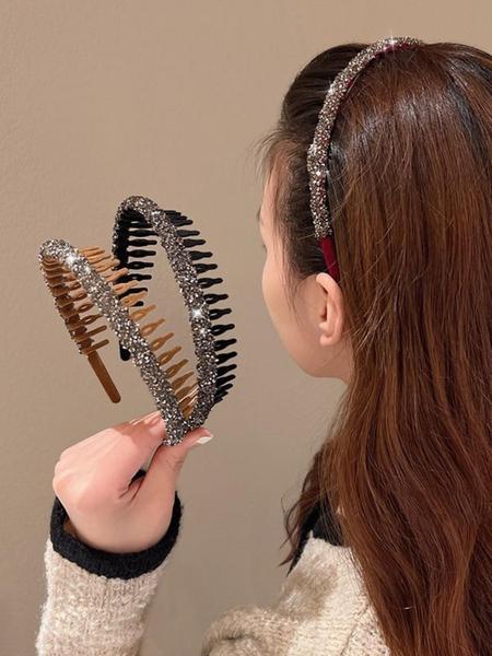 3pcs Flocked  Rhinestone Decorated Hair Hoop, Comb Design Anti Slip Headband, Casual Hair Accessories For Women & Girls, Bling Hair Headband