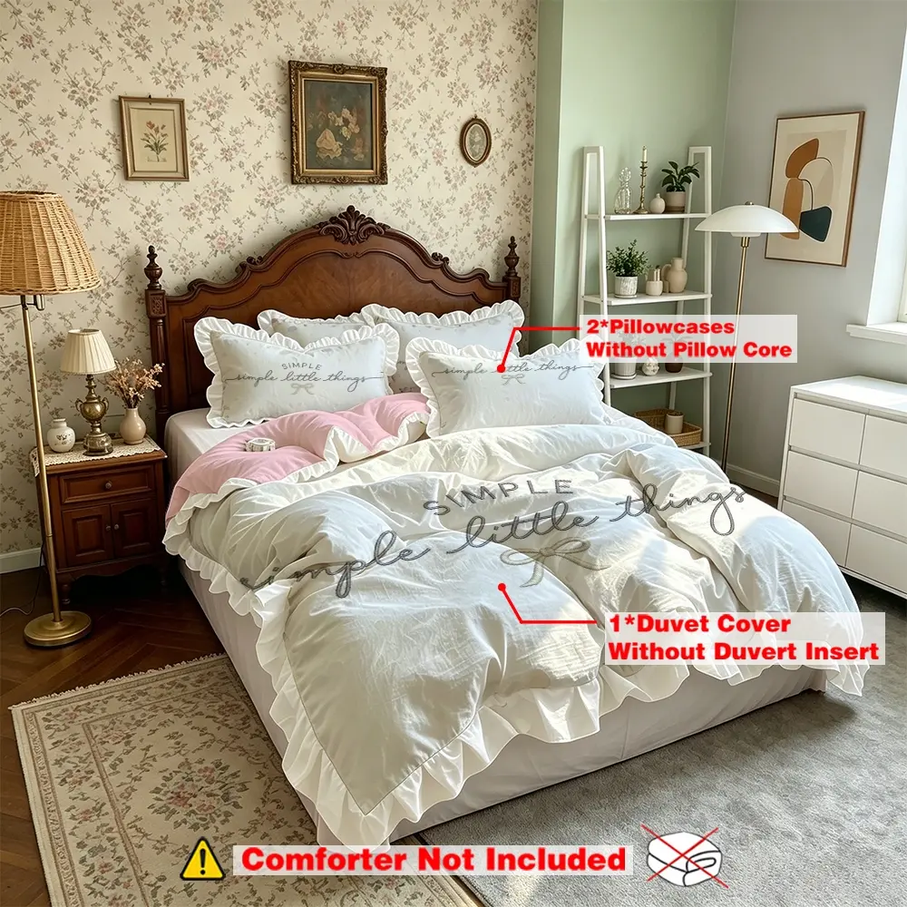(1 duvet cover+2 pillowcases, coreless),3-Piece Polyester Duvet Cover,Simple Bow Lettering,Bedding Set With Bed Skirt, Machine Washable, Anti-Shrink & Anti-Deformation, Multi Scene Use For Bedroom, Dorm & Student Accommodation, Comfy Bed Sets