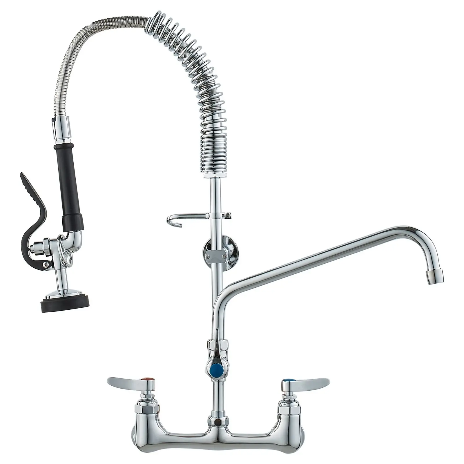 Commercial Pre-Rinse Faucet With Sprayer, 25-Inch Height, 8-Inch Center, 12-Inch Swing Spout, Wall-Mount Kitchen Sink Faucet, Brass Construction With Pull-Down Spray, Compatible With 1/2/3-Compartment Sinks
