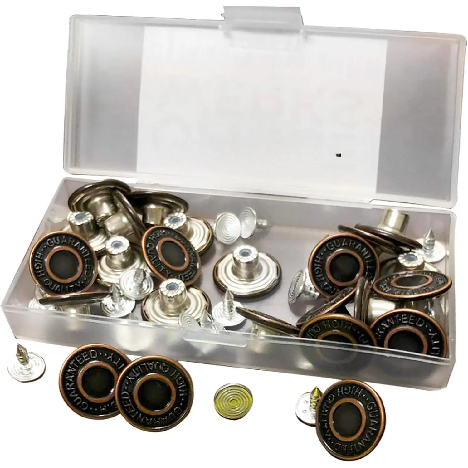 24-Set Metal Alloy Jeans Repair Kit with Copper Buttons, Reinforced Rivets & Fasteners, Adjustable Fit for Denim Wear, Plastic Storage Box (12 Pieces Per Color, Bronze)