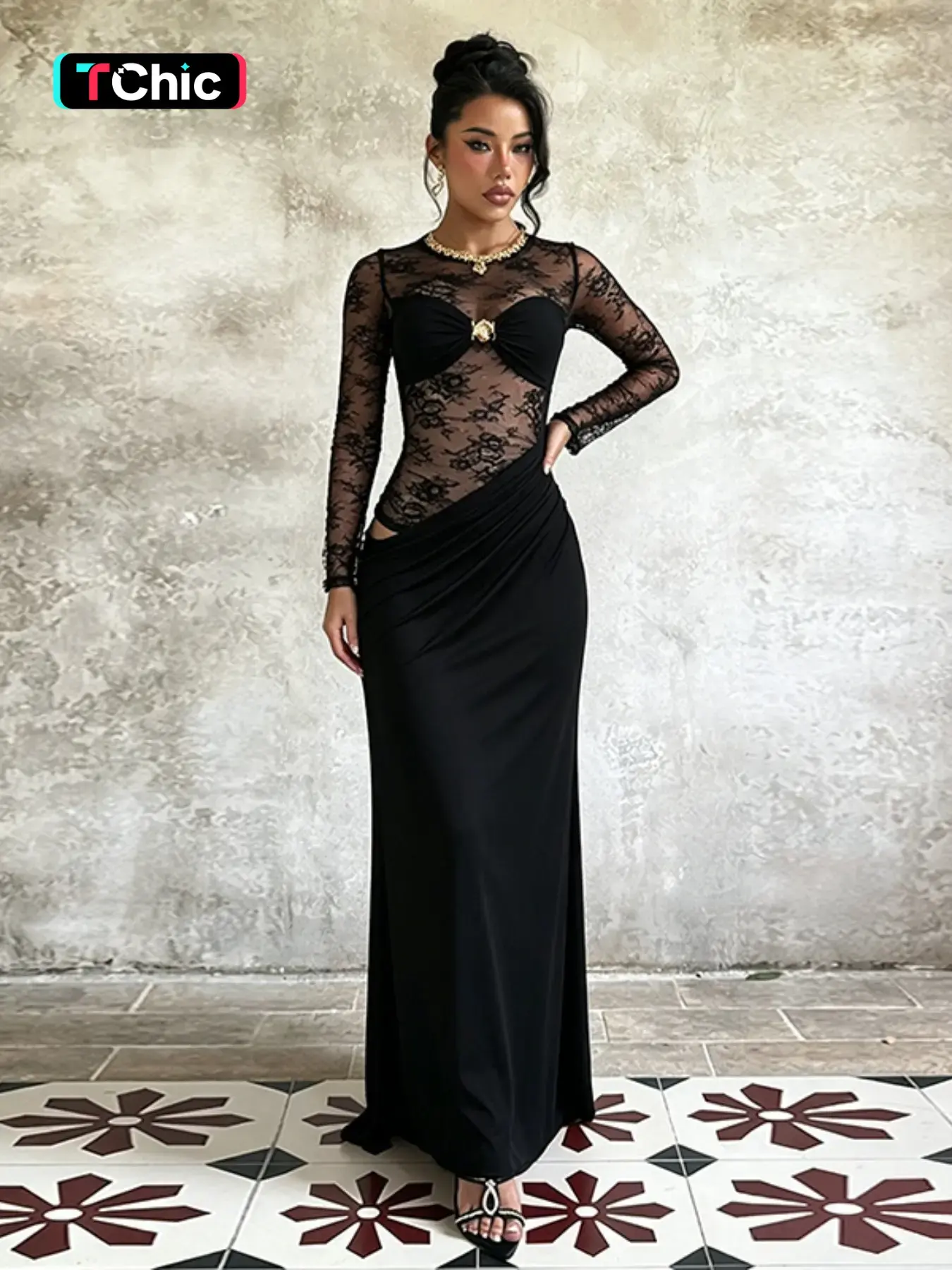 Elegant Long Sleeve Lace Patchwork Pleated Dress, Formal Evening Gown, Perfect for Wedding Guests, Cocktail Parties, Dinner Events