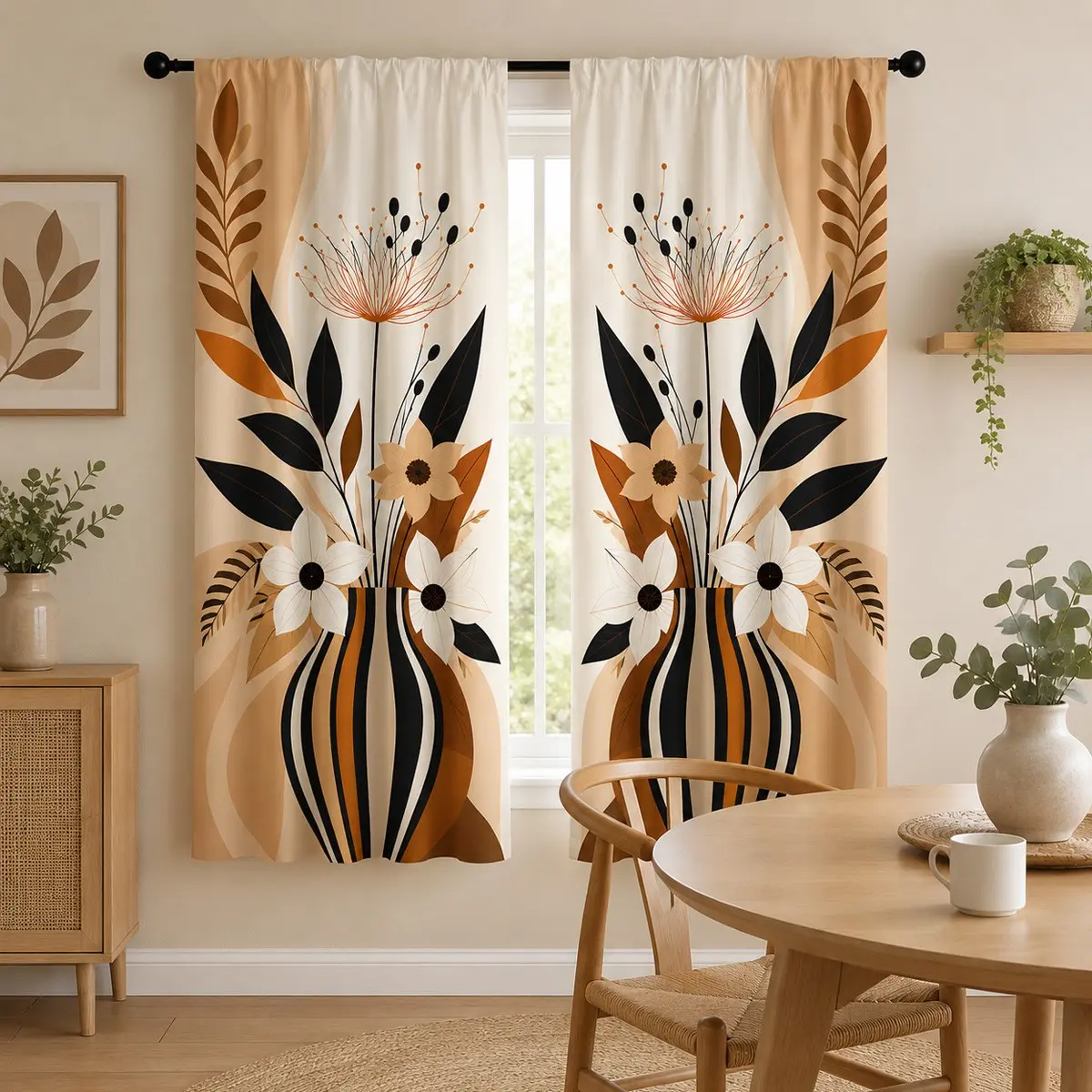 Abstract Floral Curtain Set, 2-Piece Light Blocking Curtains, Morandi Style Plant Print, Living Room Bedroom Decor, Natural Wood Aesthetic