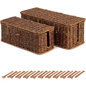 Rattan Wire Storage Box,  Cord Organizer for Desk Cord Hider Outlet Covers  Proofing for Power Strip TV PC Router Charger Under Desk  Management Box