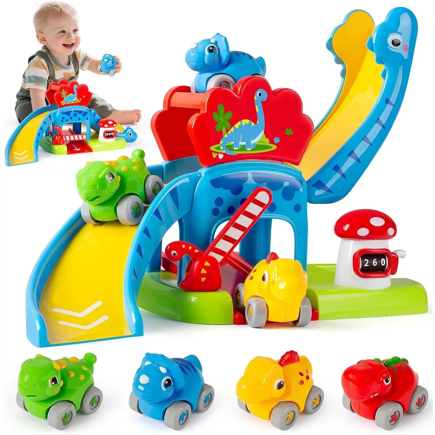 Dinosaur Car Ramp Toy for Toddlers 1-3 Drop & Go Ramp Racer with 4 Mini Cars Educational Toy First Birthday Gift for 1 2 Year Old Boys Girls