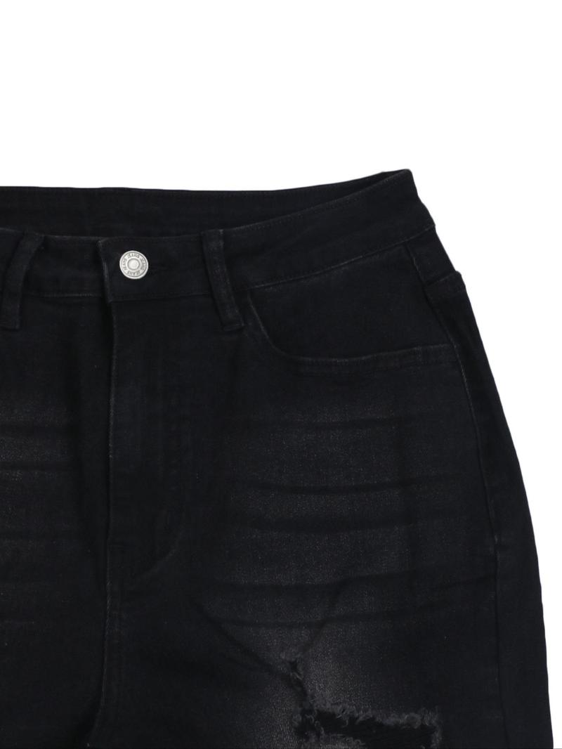 Women's  Ripped Distressed Dark Wash Skinny Stretchy Jeans, Fashion Casual Denim Trousers for Daily Outdoor Wear, Ladies Bottoms for All Seasons