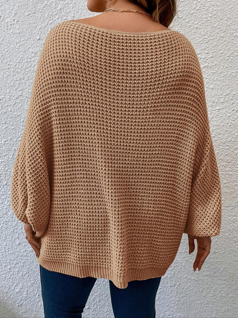 Plus Size Solid Batwing Sleeve Boat Neck Sweater Knitwear, Casual Long Sleeve Jumper for Fall, Plus Size Clothing for Daily Wear, Womenswear