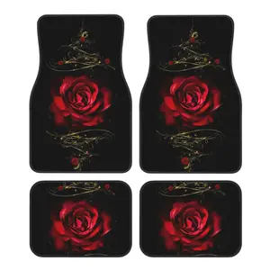 Rose Printed Car Floor Mats 4 Pcs Universal Front and Rear Foot Mats with Non-Slip Rubber Backing Auto Accessories Decor All Wea