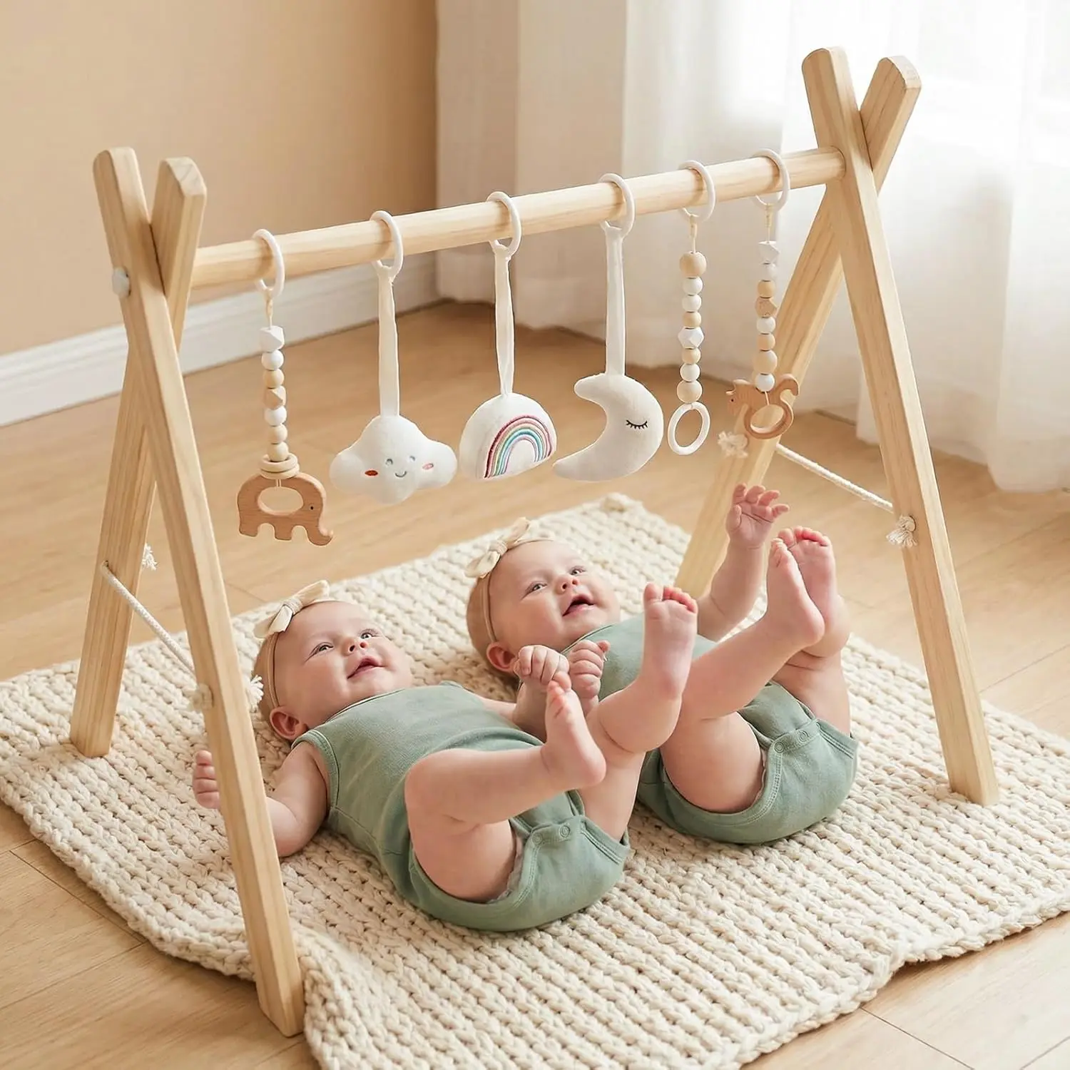 Wooden Baby Gym with 6 Gym Toys, Foldable Baby Play Gym, Natural Pine Wood Play Gym, Frame Activity Center Hanging Bar, Wooden Play Gymfidget toys
