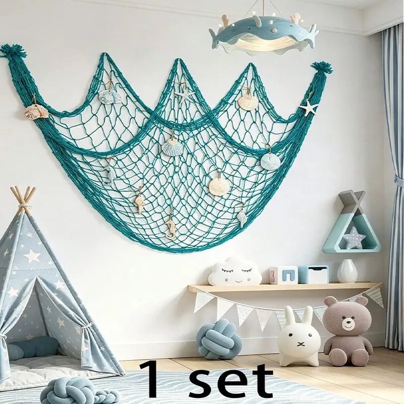 Handmade Bohemian Blue Net Hanging Ornament, Ocean Theme Fabric, Starfish Shell Fish Design, Perfect for Beach Parties Room Decor Creative Home Decor Summer Home Decor, Home Hanging Decoration