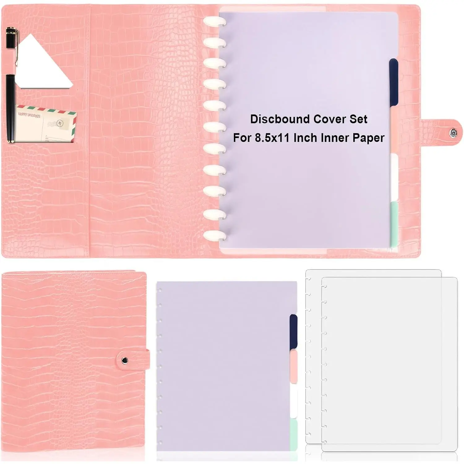 Peach Frosted Crocodile PU Leather Discbound Cover Set, 8.5x11 in Letter Size Planner Binder with 5-Tab Colored Index Dividers, 2 Sheets Transparent Binder Dividers for Office