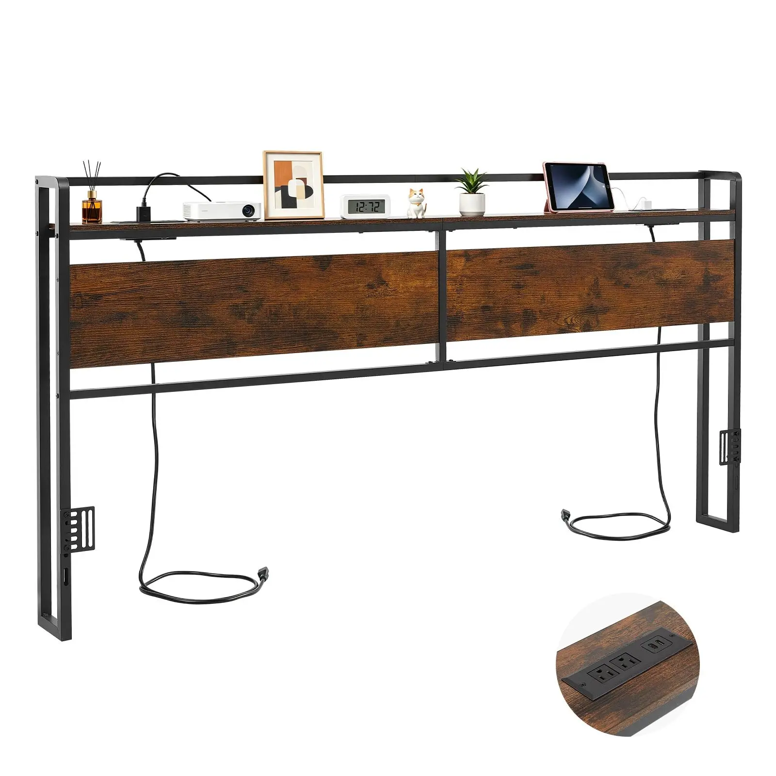 【Summerfinds】VEVOR King Size Vintage Headboard - 29.1 lbs, 77.95 x 5.91 x 39.96 in, Carbon Steel Frame, Storage Compartment & Shelves, 2 Outlets, 1 USB Port, 1 Type-C Charging Port, Adjustable Height, Black & Brown, Assembly Required