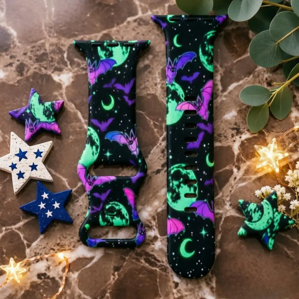 Halloween Night Sky Printed Bat & Moon Silicone Watch Band Accessories, Breathable Wearable Quick Swap Replacement Strap with Adjustable Hole for Various Fits, Multi-Size