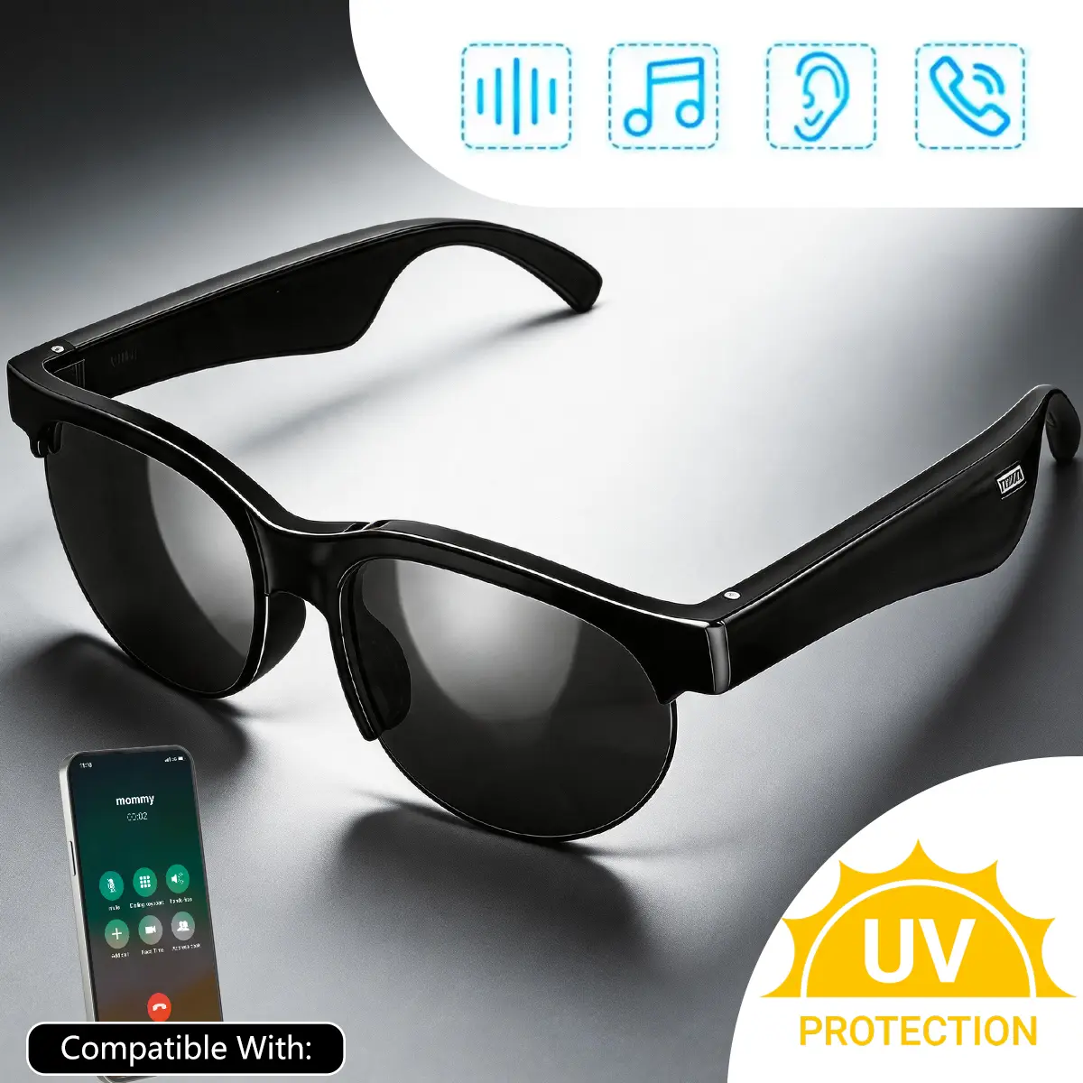 Wireless BT Smart Sunglasses, equipped independent AI voice assistant, button control,UV protection,hands free phone call,unisex climbing cycling eyewear, trending premium gift choice