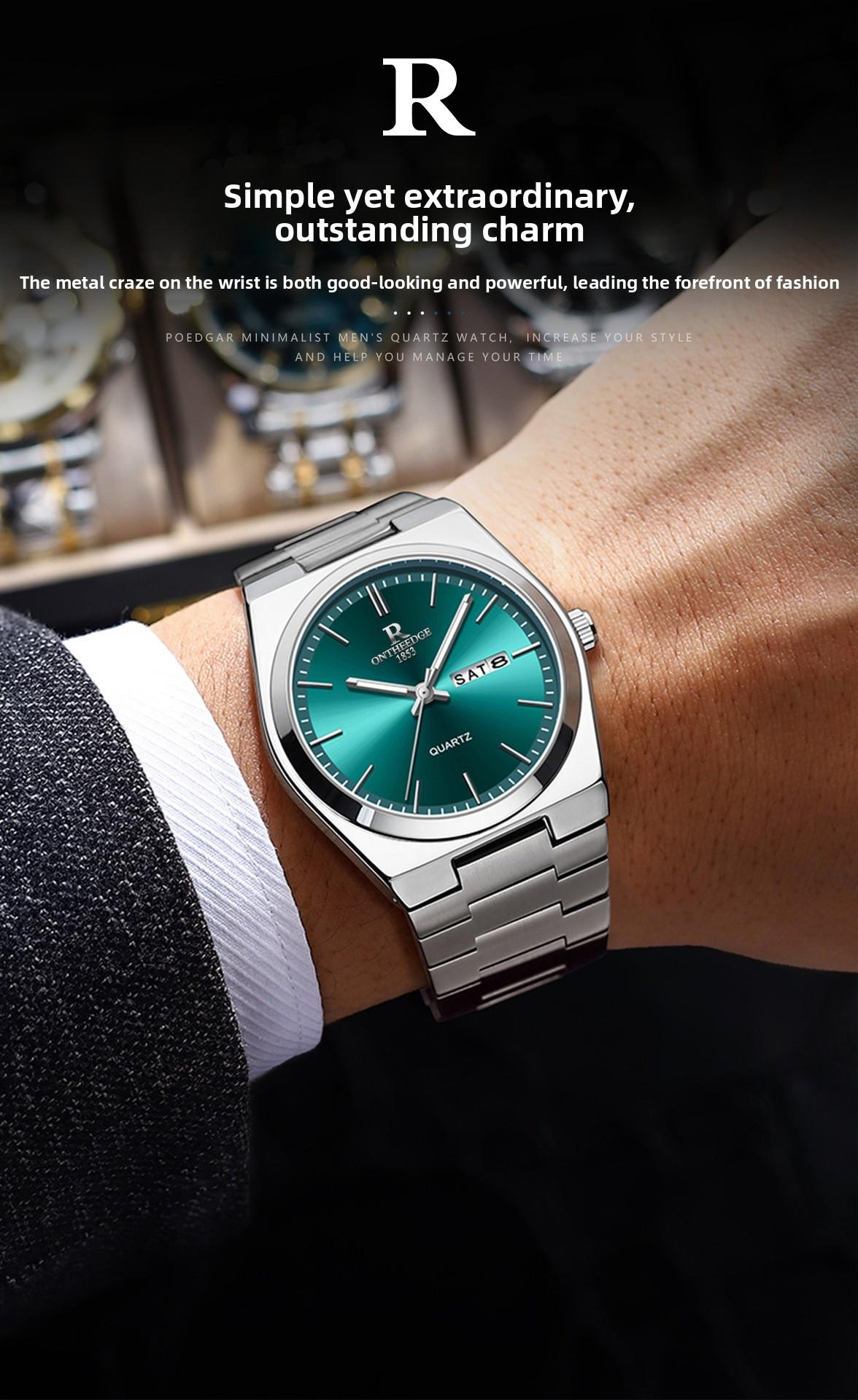 Men's Luxury Teal Green Dial Quartz Watch - Stainless Steel Wristwatch with Date Day Display, Waterproof, Luminous Hands, Classic Business Casual Dress Watch for Men, Perfect Gift for Husband Dad