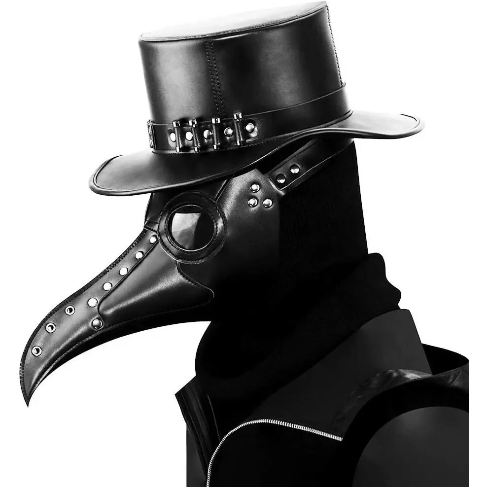Black Leather Plague Doctor Mask with Long Nose Bird Beak Steampunk Halloween Costume Prop for Adults(Gift)