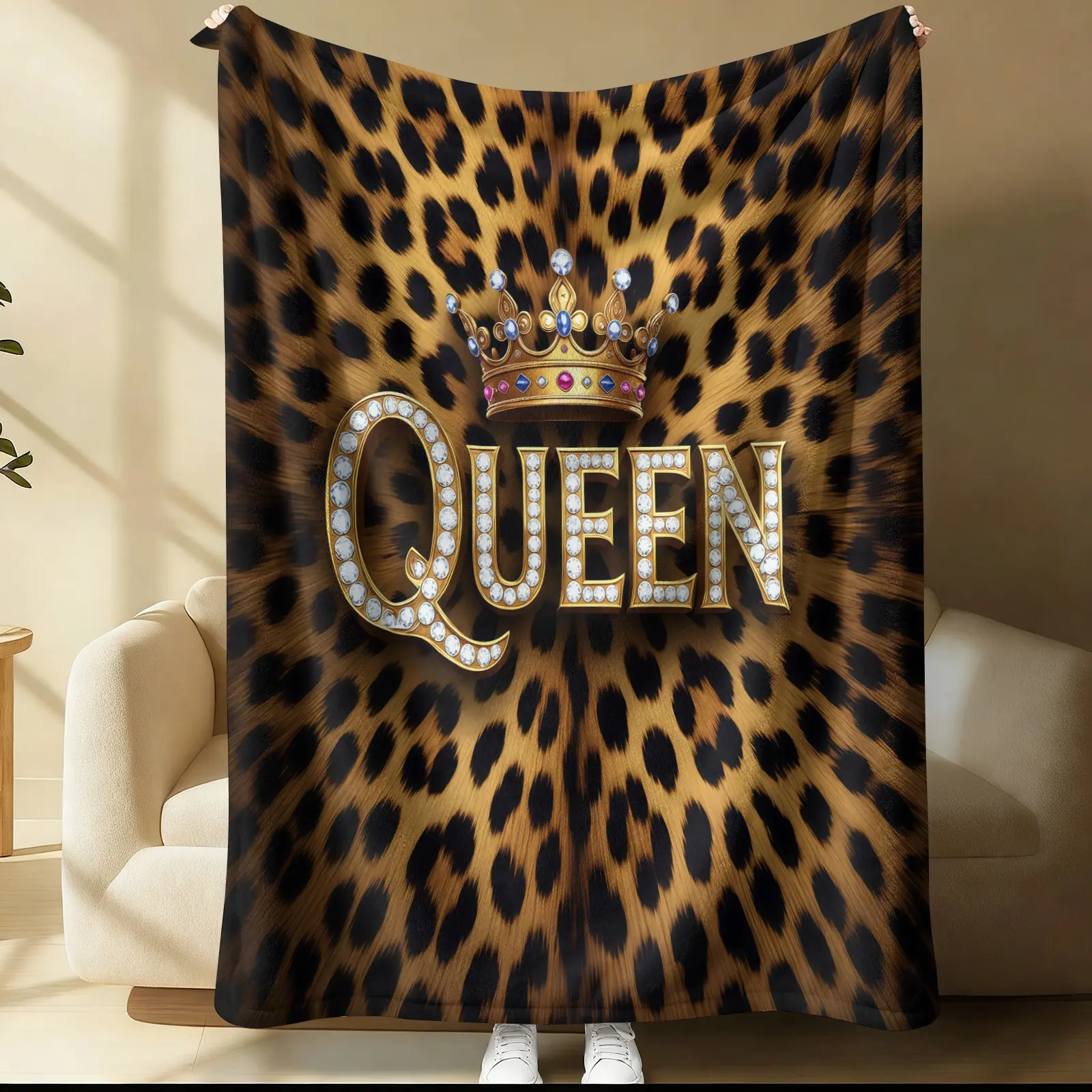 Gorgeous Queen Crown Leopard Print Blanket, 1 Piece Soft, Warm And Lightweight Single Sided Printed Plush Blanket, Suitable For Bed, Sofa, Car, Room Decoration