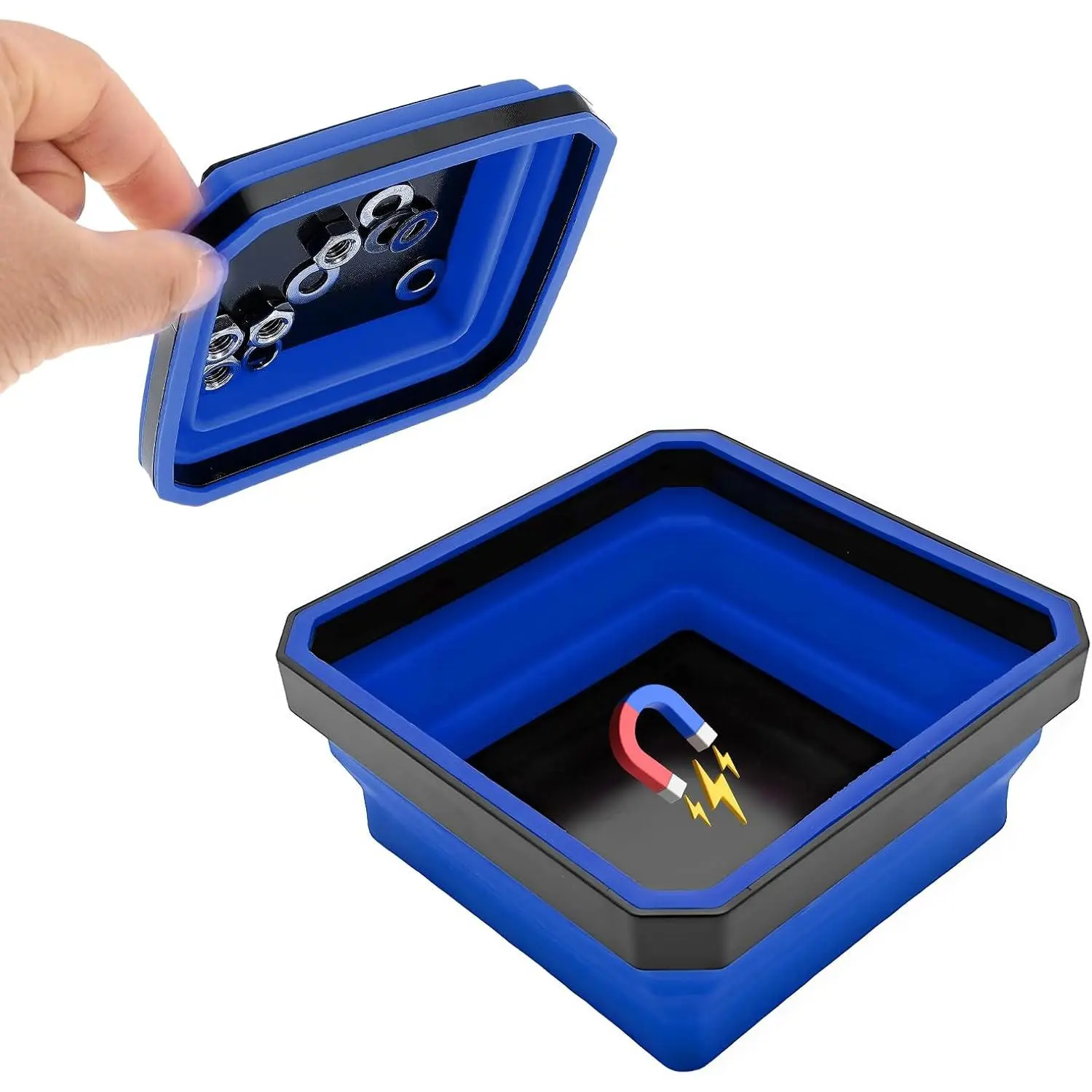 Collapsible   Tray, 4.5 Inch Foldable  Square  Tray, Tool Tray Set with Double-Sided  Base for Screw  Nuts Pins,  Accessories (Blue)