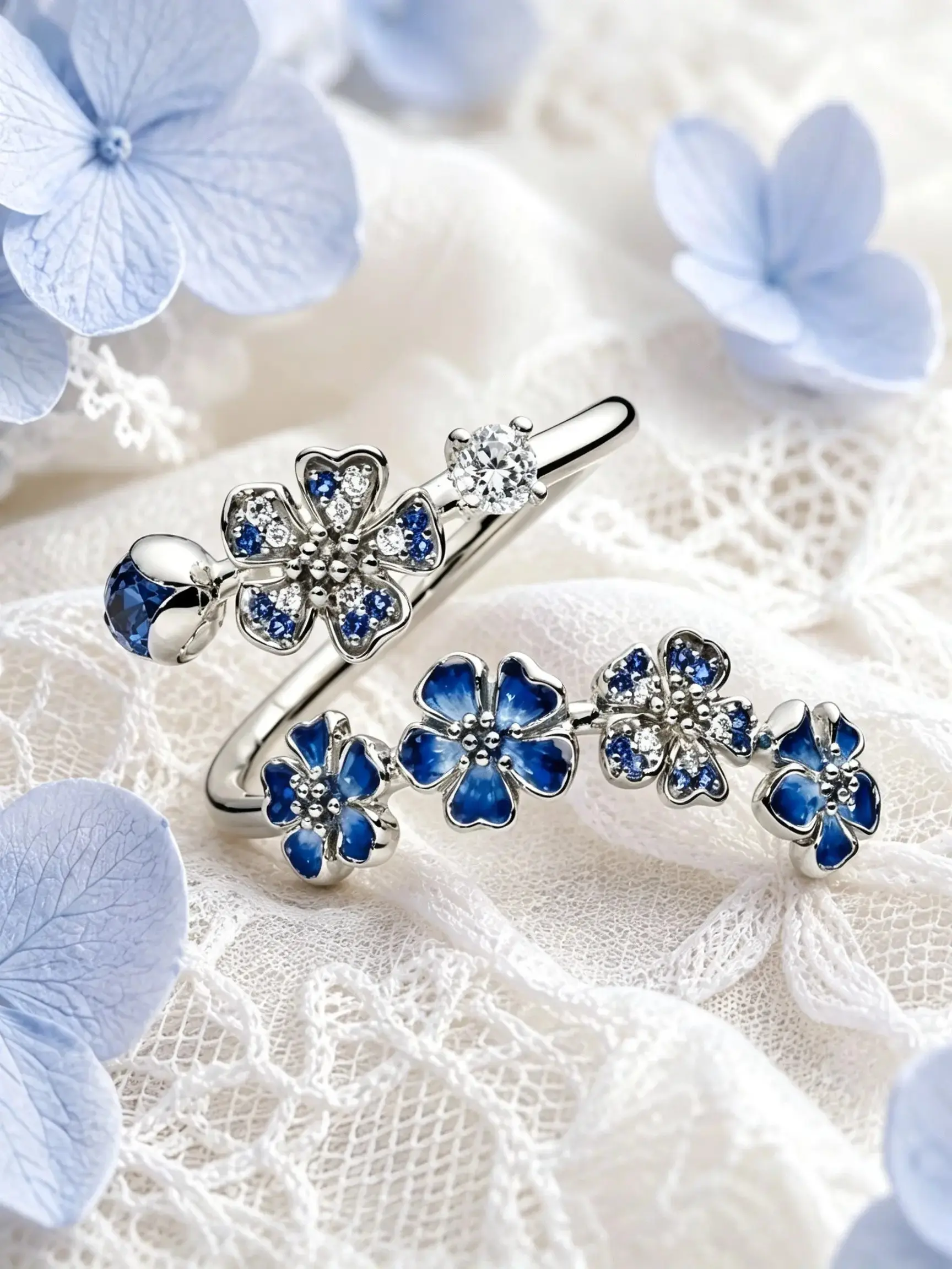 Vintage Floral Open Ring for Women, Pink & Blue Enamel Flower Design, Sparkling Zircon Cherry Blossom Ring, Elegant Adjustable Jewelry for Daily Wear, Adjustable Open Rings