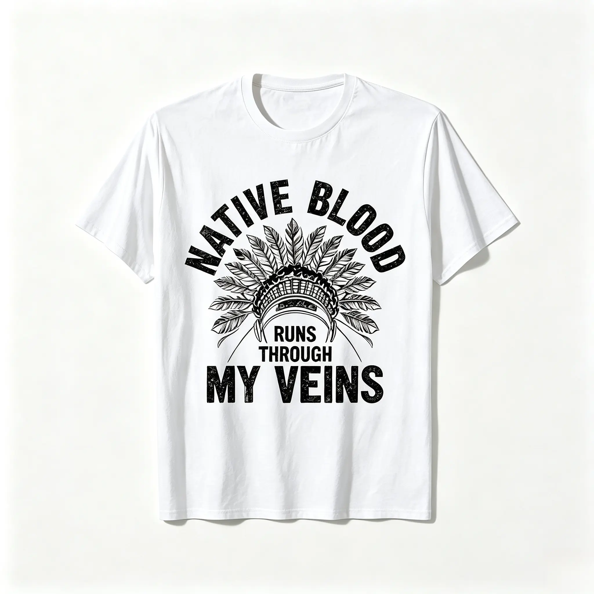 Native Blood Runs Through My Veins T-Shirt, Vintage Distressed Indigenous Pride Tee, Native Heritage Short Sleeve, Unisex Cultural Apparel, Gift for Native American Ancestry Men Women high-quality print