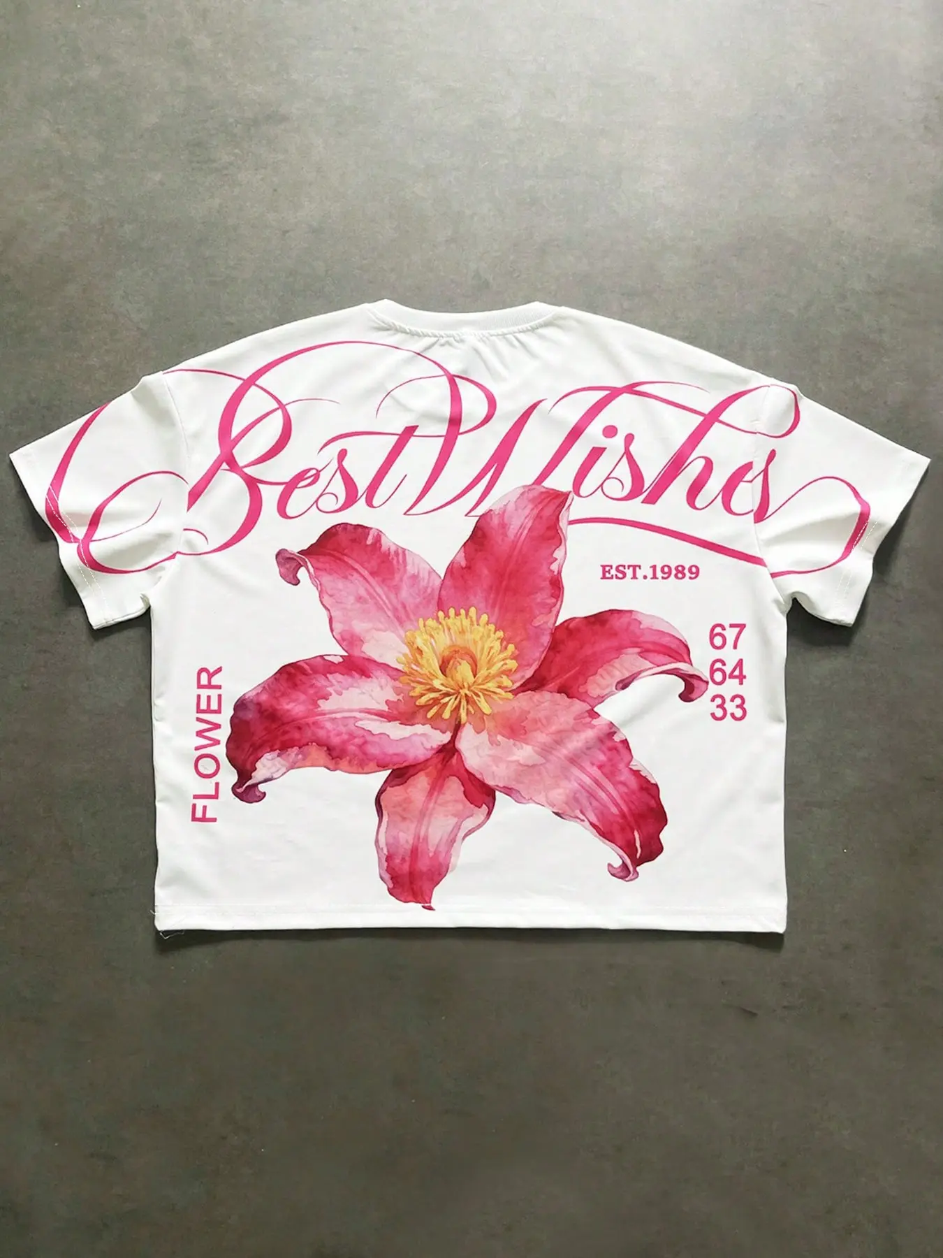 Men's White Back Print Watercolor Pink Flower & Best Wishes Cursive Letter T-Shirt, EST.1989 Number Detail Round Neck Short Sleeve Loose Drop Shoulder Casual Top, Artistic Vintage Street Style Summer Daily Wear Fashion Menswear