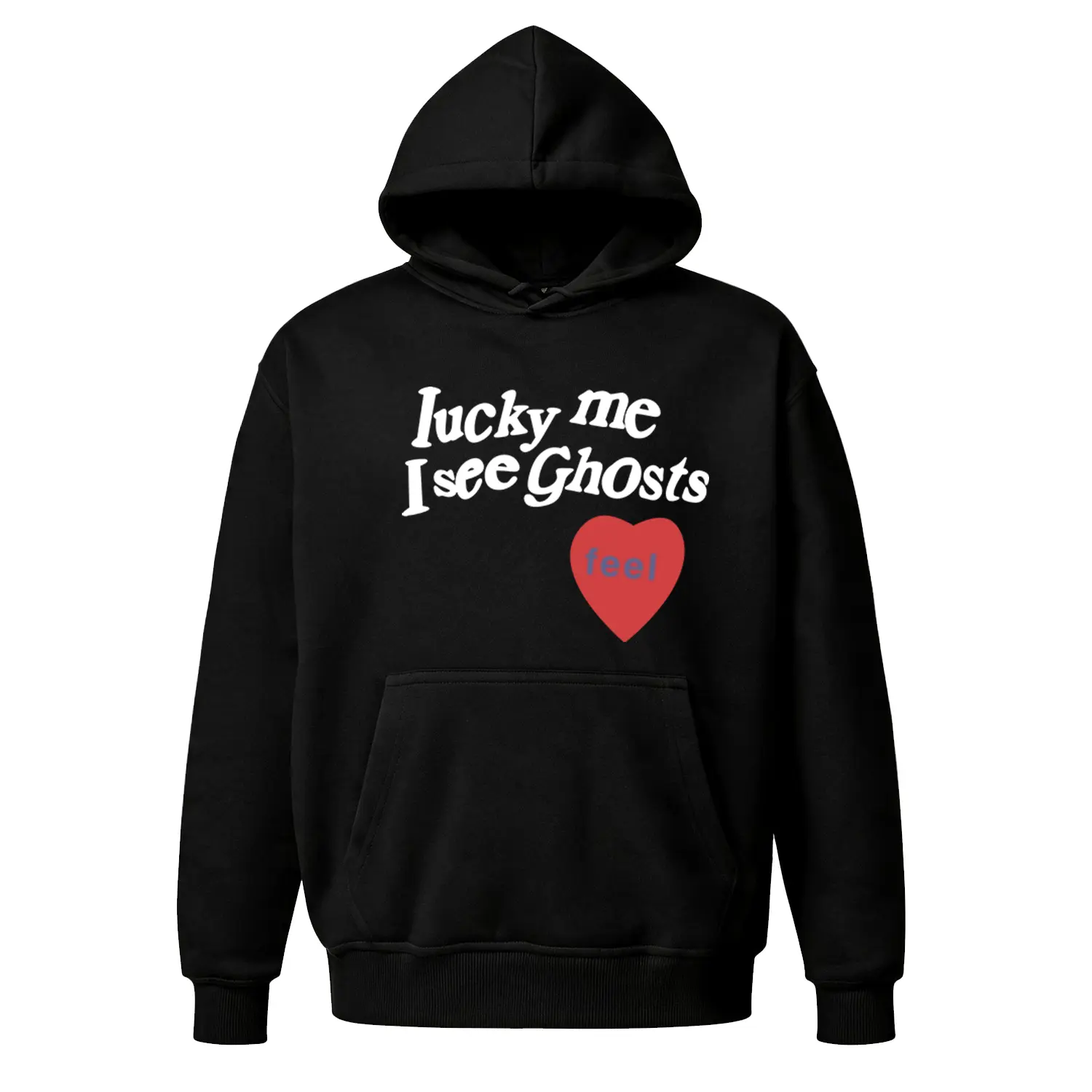 "Lucky Me I See Ghosts" Hoodie, Oversized Y2K Streetwear Sweatshirt, Retro 90s Graphic Pullover, Cozy Fleece Unisex Top, Trendy Music Fan Casual Outfit, Cool Gift for Him/Her