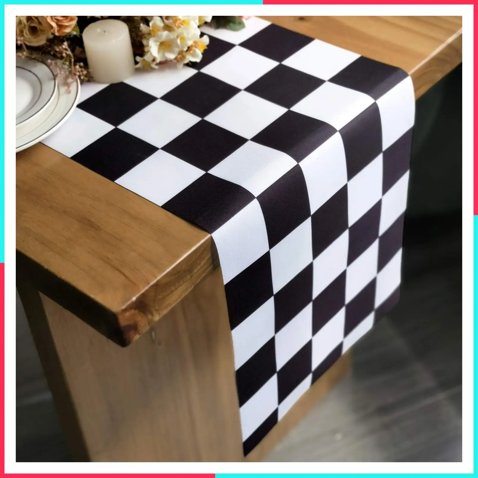 Black White Checkered Table Runner 12 x 72 Inches Racing Party