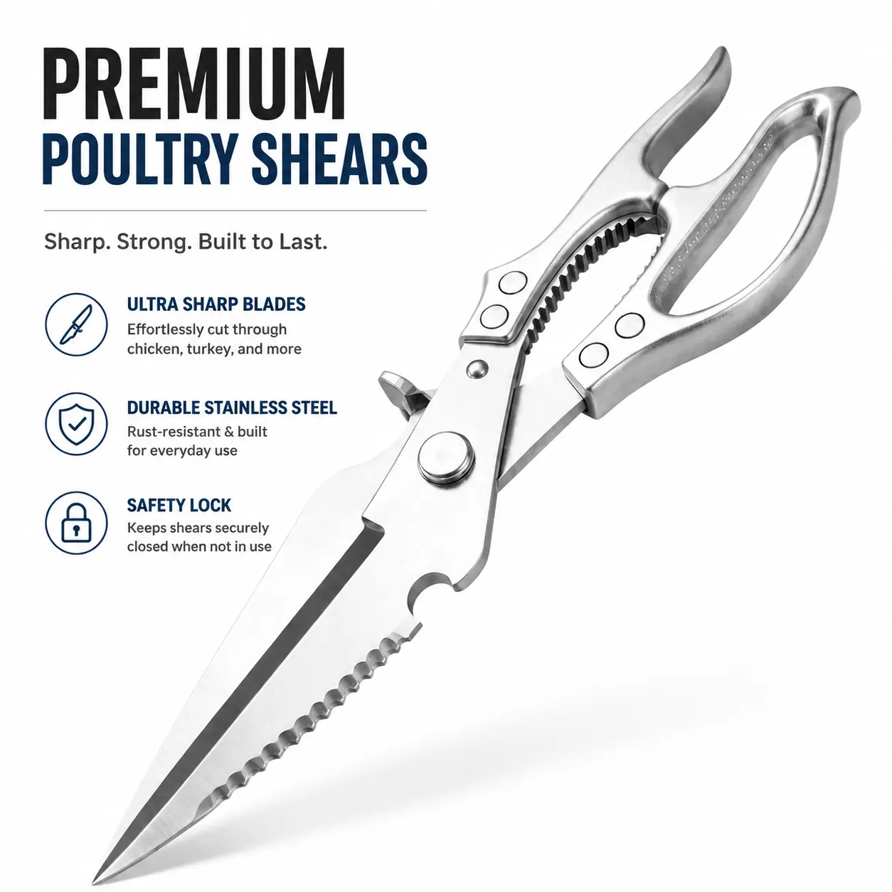 Heavy Duty Stainless Steel Poultry Shears - Ultra Sharp Kitchen Scissors with Safety Lock, Nut Cracker, Bottle Opener for Home Cooking, BBQ, Steak, Vegetables