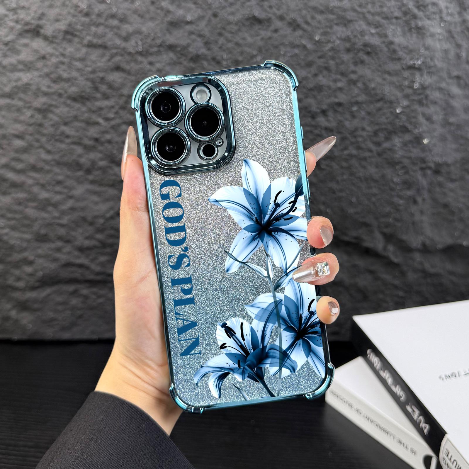 Elegant Blue Floral God's Plan Case For iPhone Samsung Galaxy 17Pro Max Air 16 15Plus 14 13 12 11 XR XS S25 S24 S23 S22 Sparkly Glitter Inlay Electroplated Corner Protection With Portable Strap Accessory NN124