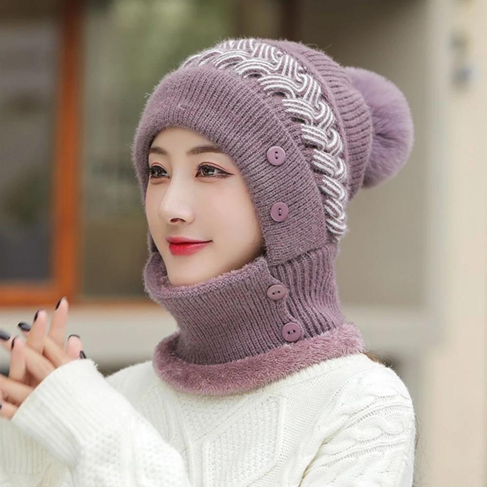 New Style Female Pompoms Winter Hats Plush Fur Lined Keep Warm Winter Hat Women Windproof Coldproof Thicken Balaclava Cap