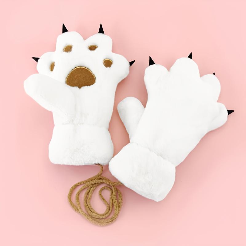 1 Pair Girls' Winter Plush Bear Paw Gloves - Cute Cartoon Bear Face with Expressive Eyes & Nose, Thick Warm Fleece-Lined Hand Warmers for Old