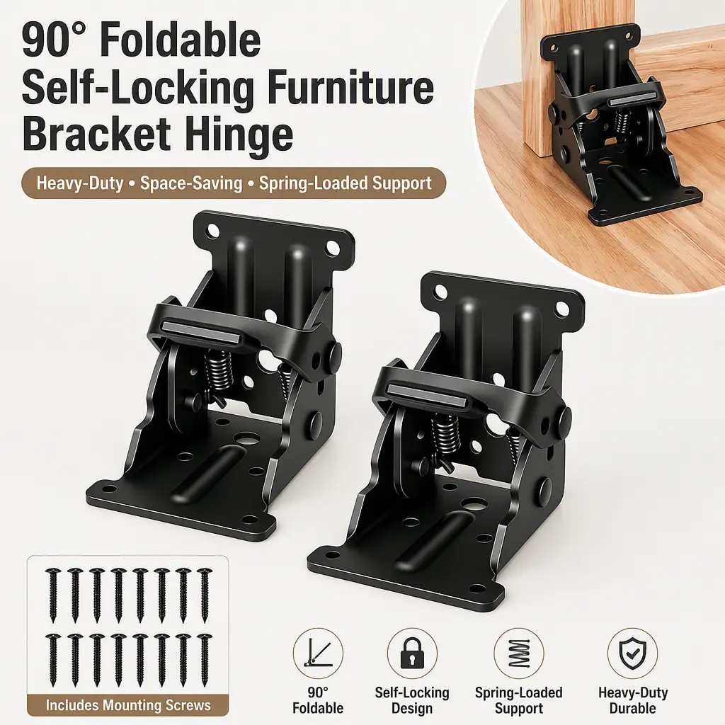 90° Foldable Self‑Locking Furniture Bracket Hinge, Heavy‑Duty Space‑Saving Spring‑Loaded Support Hardware, for Table Legs and Folding Shelves