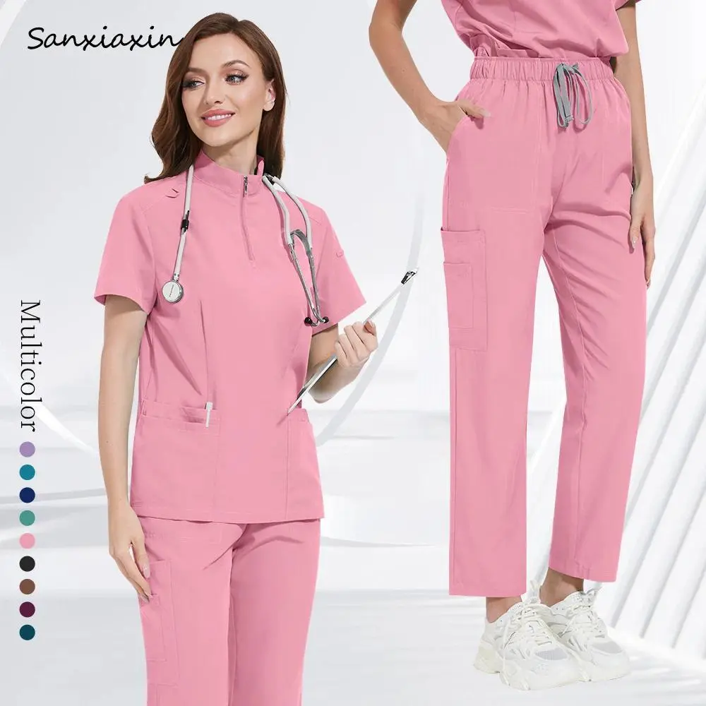 Zipper Neck Scrub Uniform Women Doctor Workwear Stretch Fabric Surgery Set Multicolor Tops Pant Set Solid Color Pet Vet Work Set