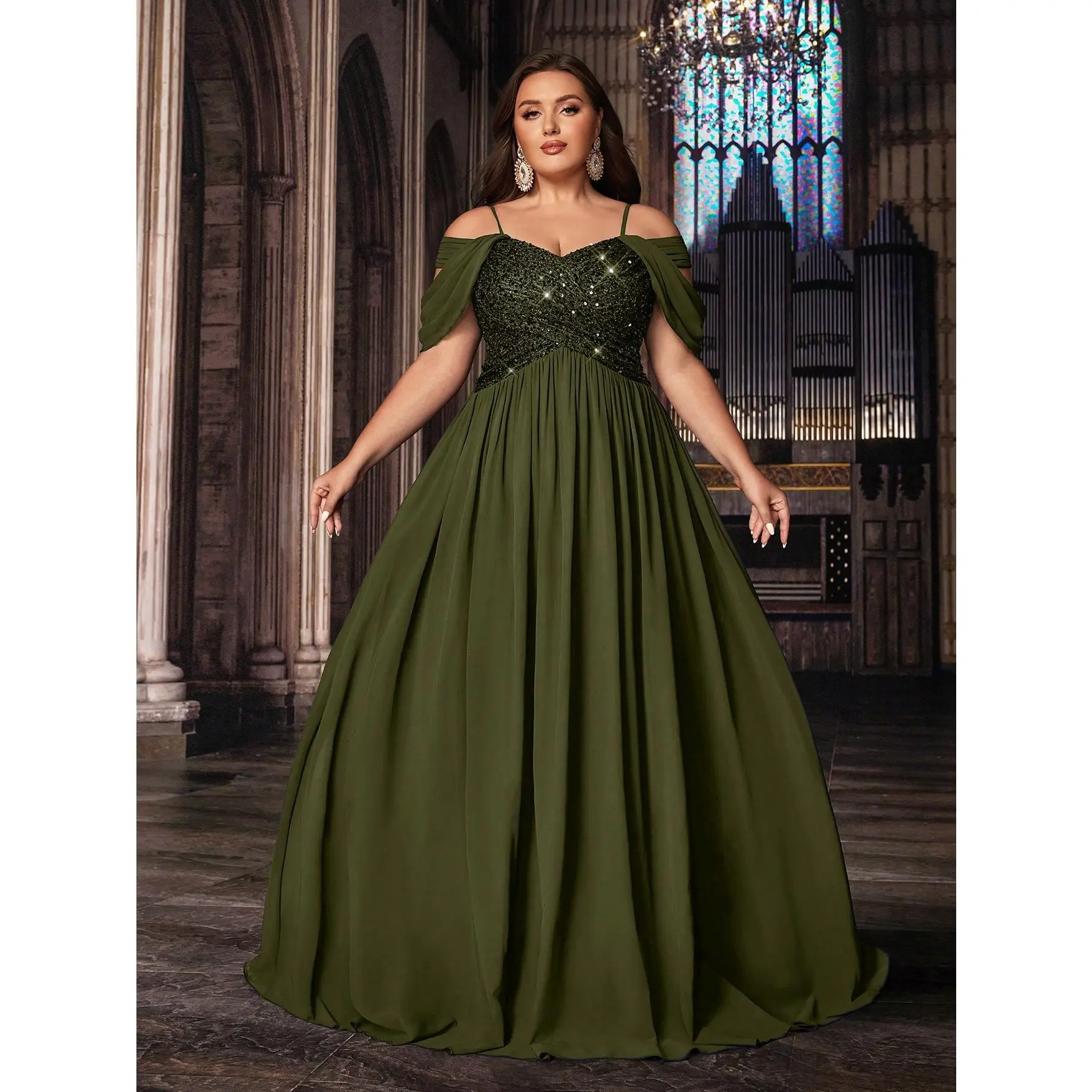 Plus Size Spaghetti Strap Cold Shoulder Sequin Chiffon Gown