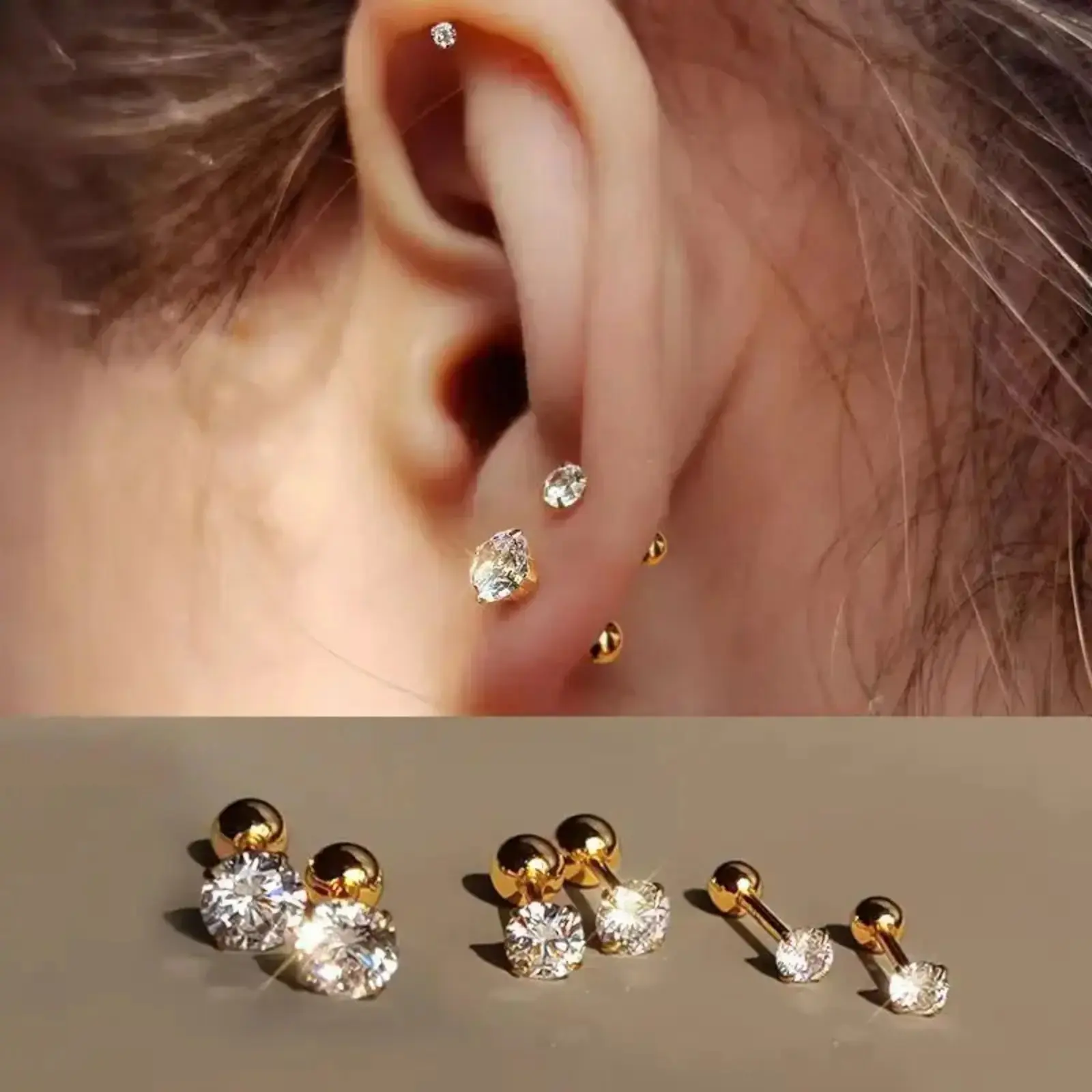 3 Pairs Gold Stud Earrings Set for Women, 14K Gold Plated Stainless Steel CZ Earrings with Round Ball Twist & 4-Prong Cubic Zirconia Design, Minimalist Jewelry for Daily Wear, Party, Date Night & Gifts tiktokshopbacktoschool