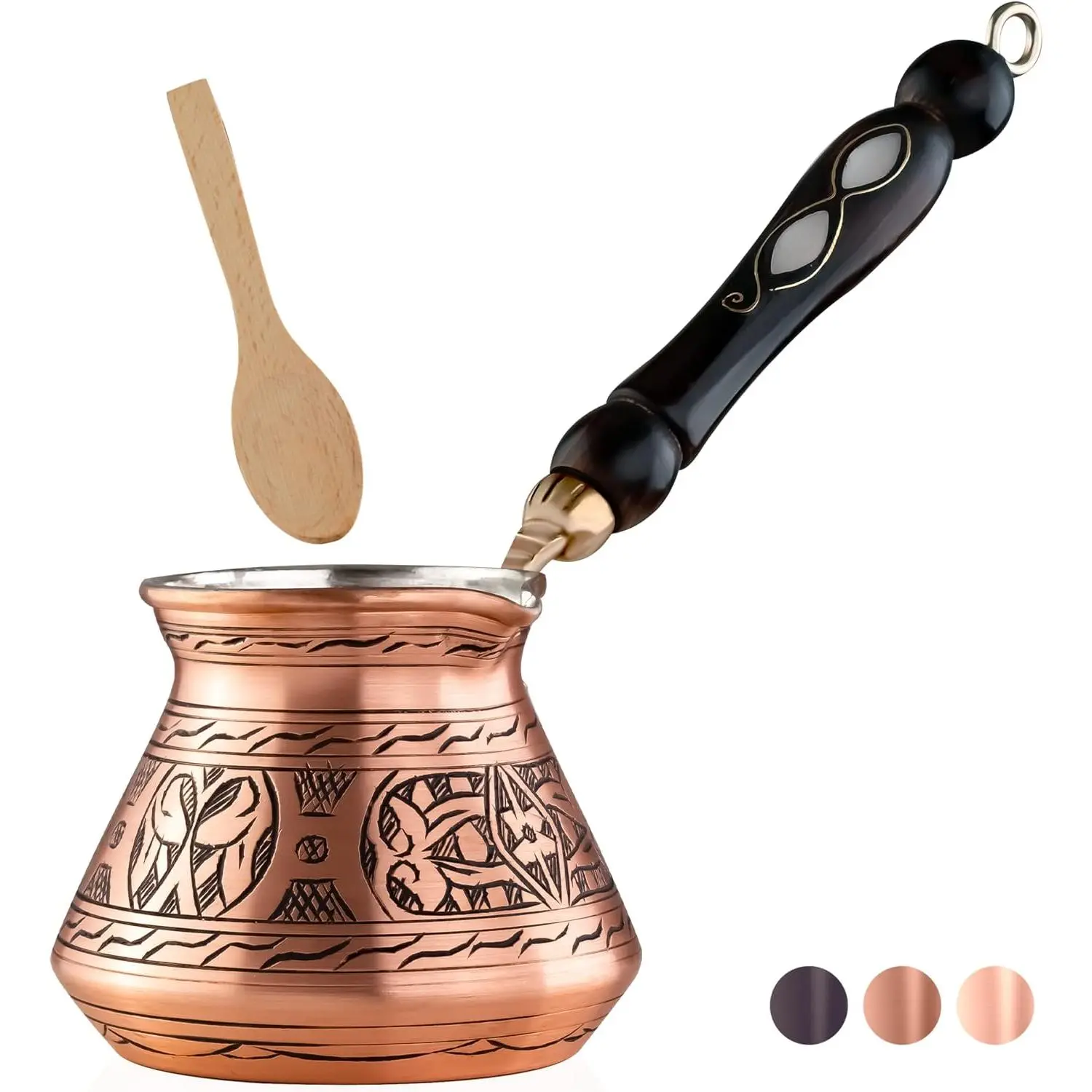 12 Oz Copper Turkish Greek Arabic Coffee Pot with Wooden Handle 4 Servings Cezve Ibrik Briki Stovetop Coffee Maker Includes Wooden Spoon