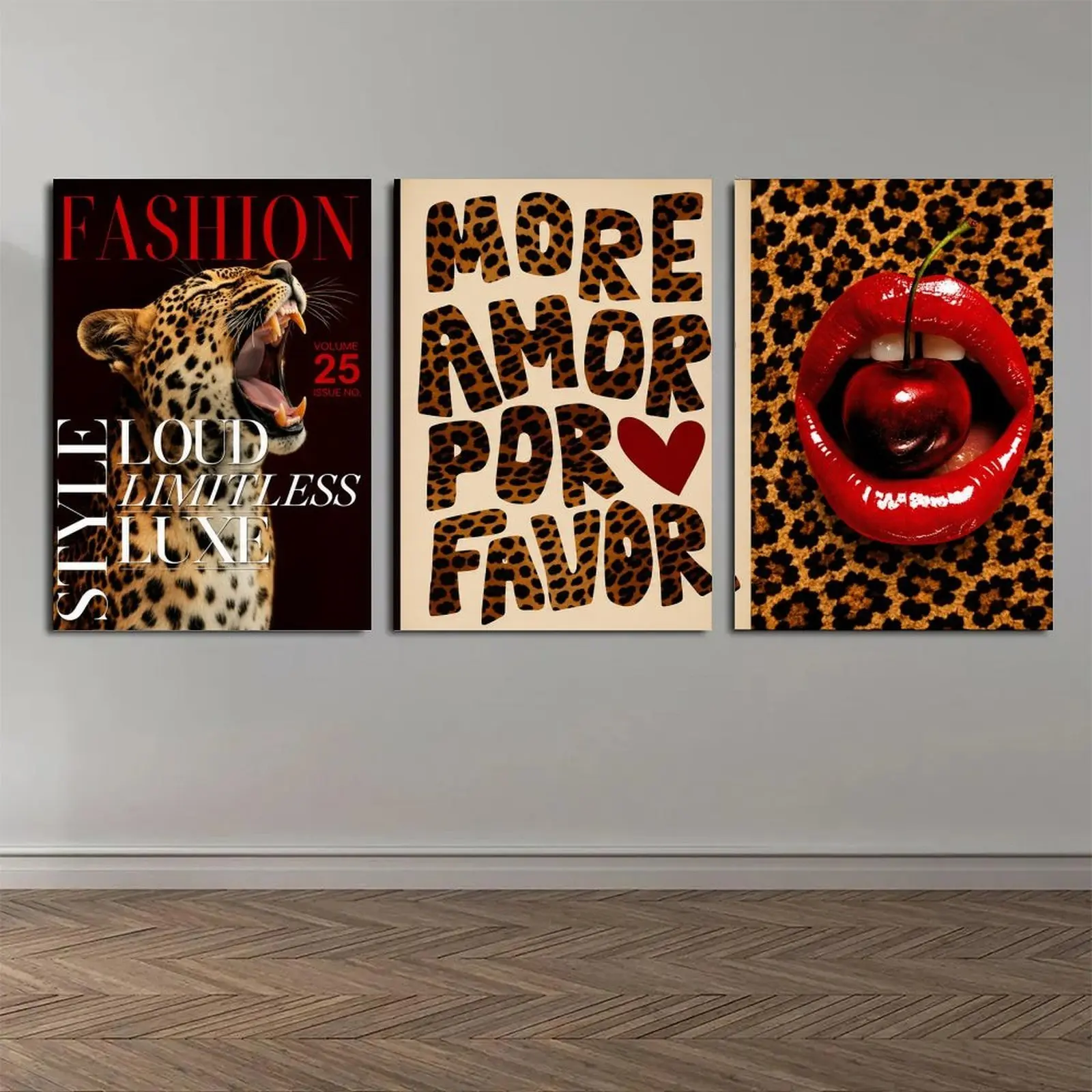 2D Flat, 2D Flat, 2D/Flat 3pcs Vintage Leopard Print Cheetah Canvas Printed Poster, Trendy Art Themed Decorative Painting, Home Or Office Wall Decoration, Bedroom Living Room Bathroom Kitchen Decoration, Restaurant Bar Decoration