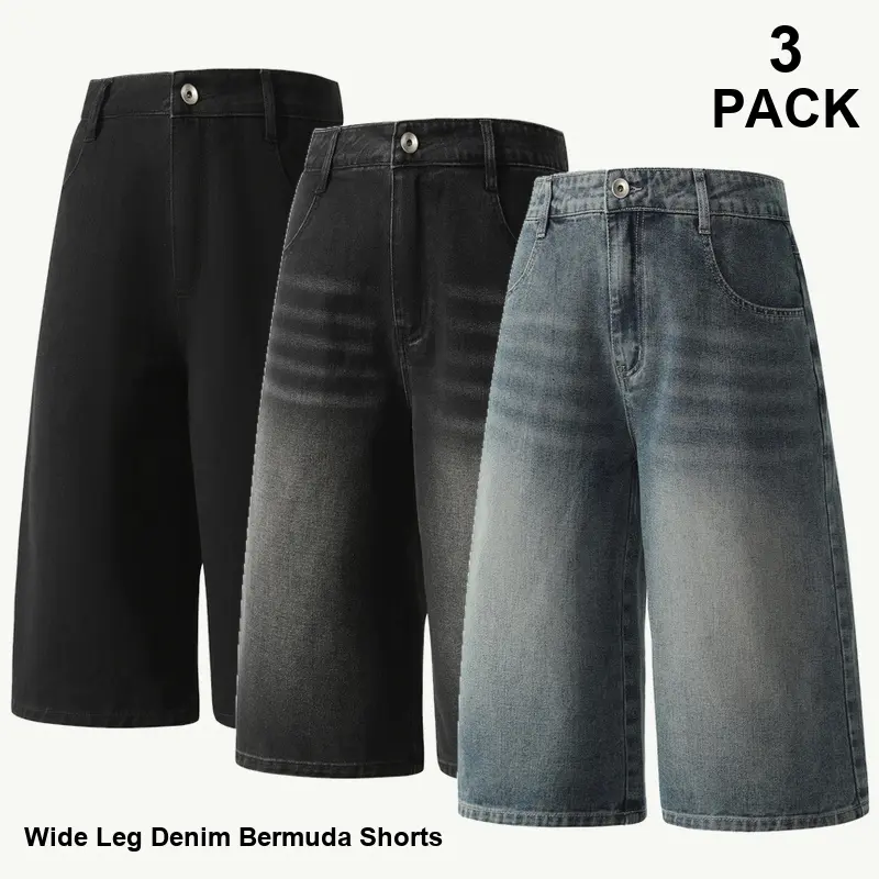 3-Pack Mixed Wash Men's Wide Leg Denim Bermuda Shorts, Relaxed Knee Length Jean Shorts with Button Zip Closure, Belt Loops and Practical Pockets for Casual Streetwear - GY002 Set 1