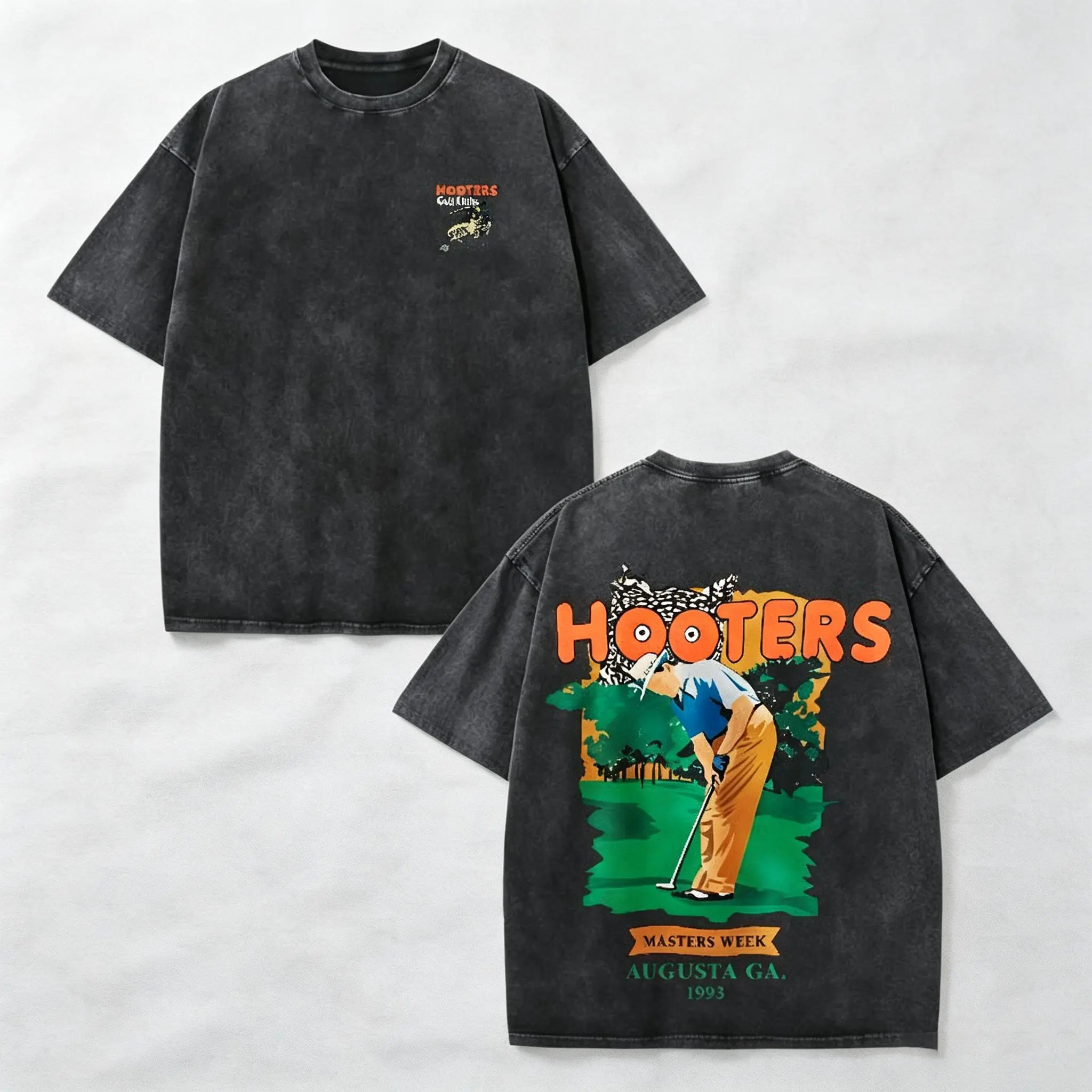 Nostalgic oversized washed black crew T-shirt, front Hooters chest logo and back retro Augusta golf illustration. Cozy clothing for road trips, casual hangouts, matches canvas bracelets and thick solid metal curb chains.