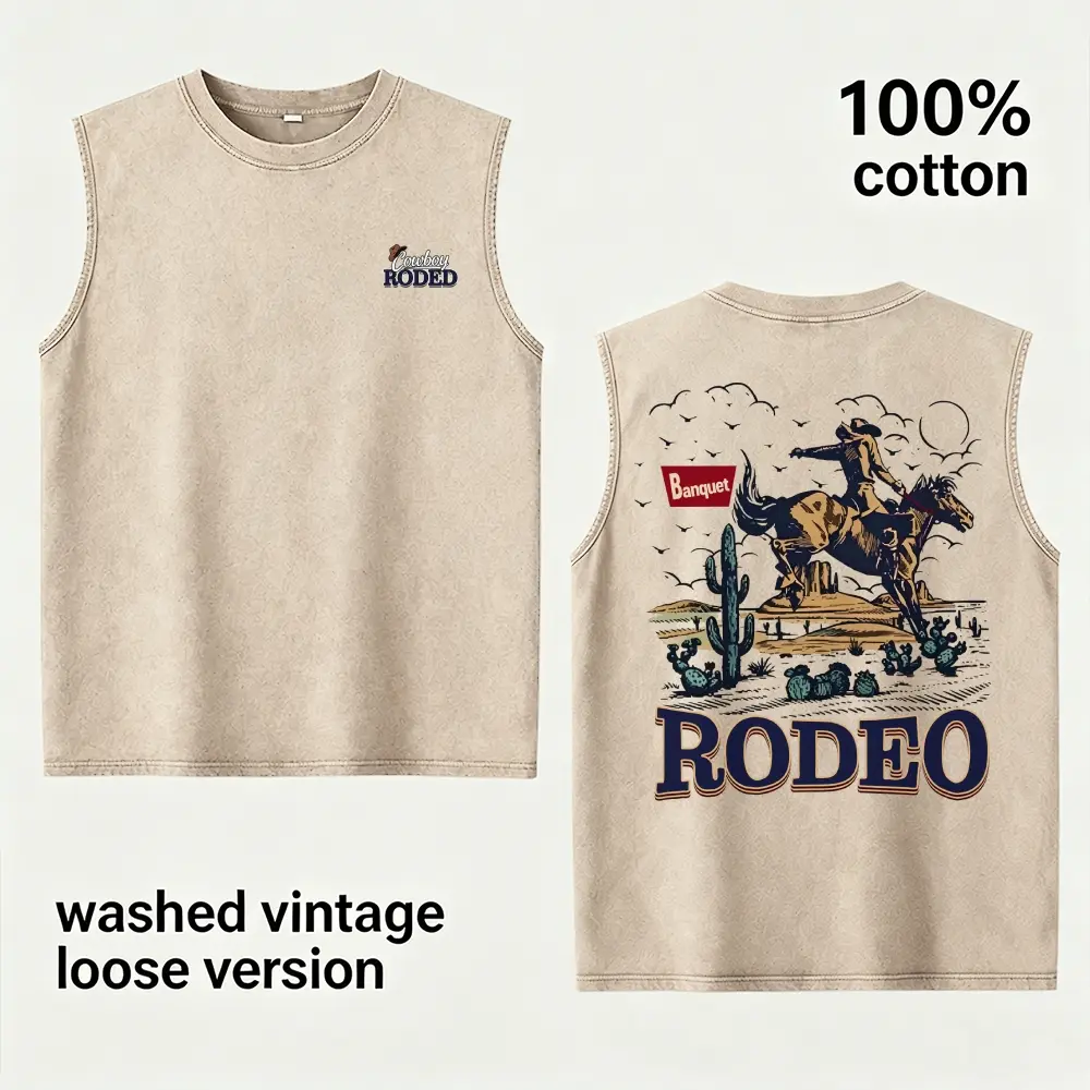 Vintage Washed Loose Men’s 100% Cotton Sleeveless Tank Top, Cowboy Rodeo Desert Cactus Double-Sided Graphic Muscle Vest, Distressed Retro Cut Off Sleeveless T-Shirt, Soft Breathable Western Country Streetwear, Ideal Gift For Boyfriend Husband Dad Family,