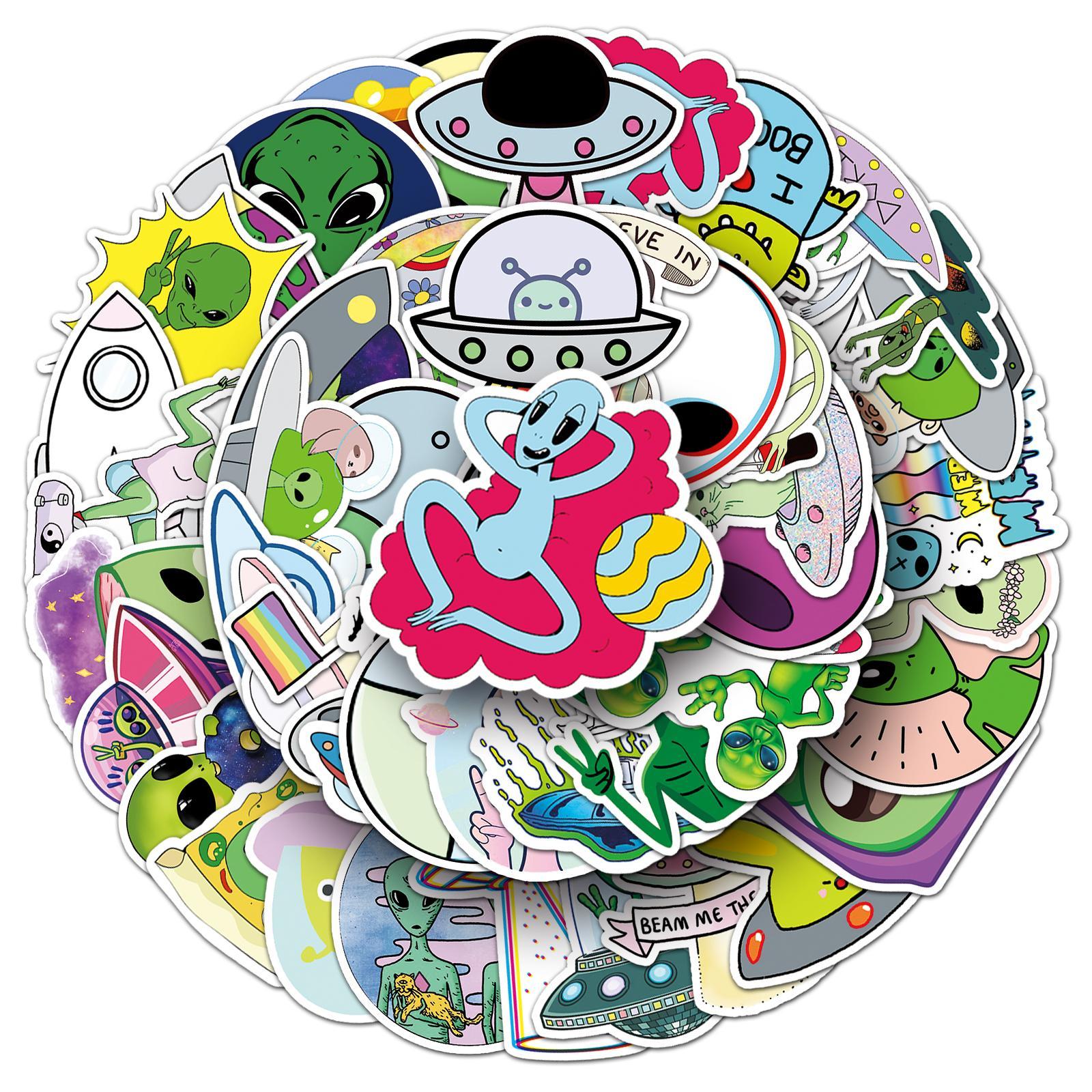 Alien Pattern Sticker, 50pcs/set Cute Cartoon Sticker, Decorative Sticker for Scrapbooking, Journaling, Gift Wrapping, Funny Stickers