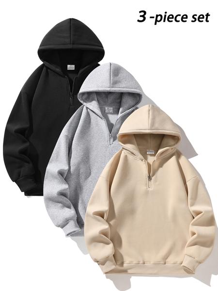 Men's Half-Zip Fleece Hoodie, Casual Long Sleeve Drop Shoulder Sweater, Thick Fabric for Fall & Winter, Sporty Fashion Pullover